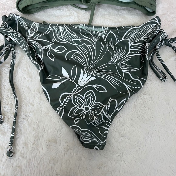 Cupshe Womens Bikini Set Olive Green Floral Lace Up Side Tie Size Large NWT - Picture 7 of 12